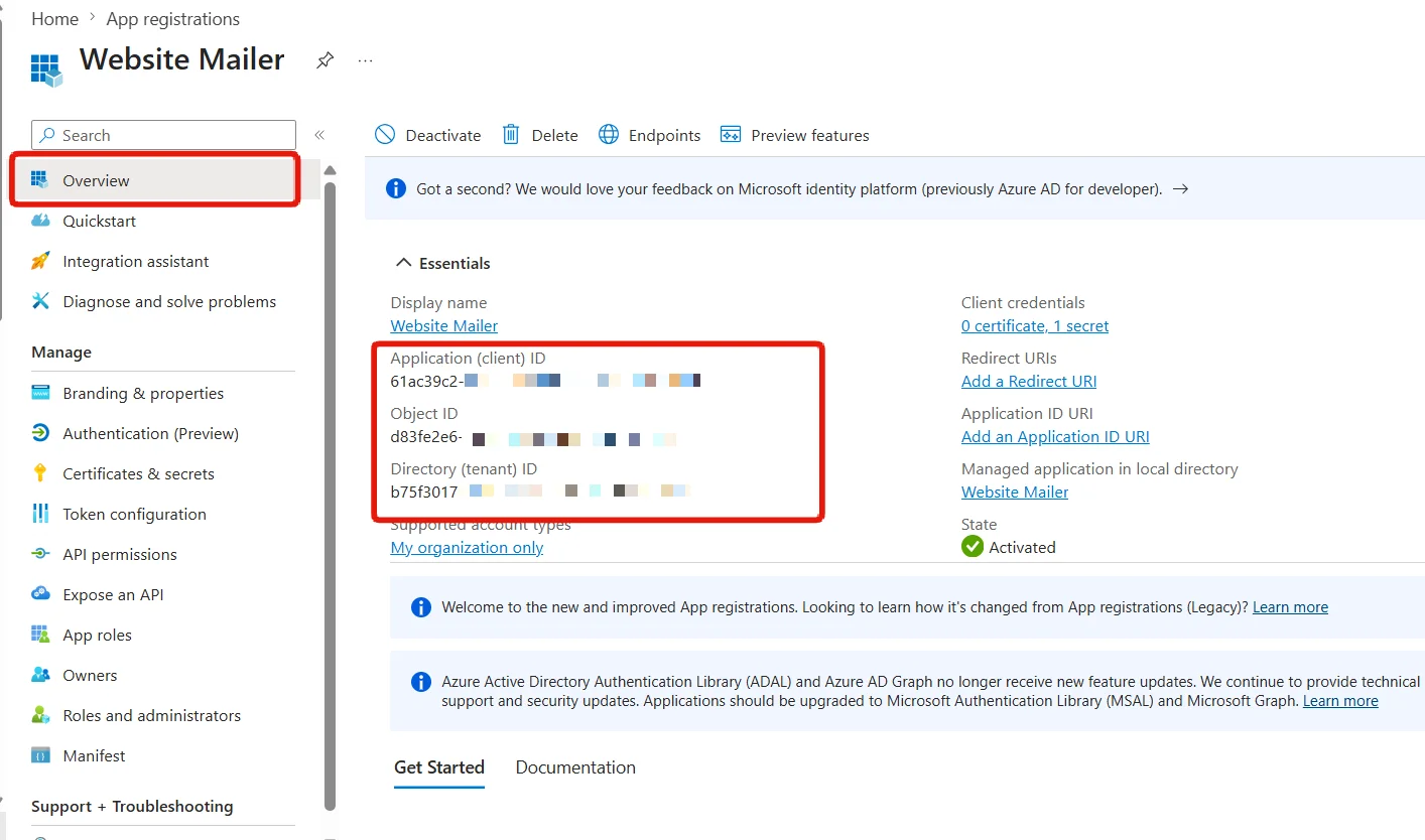 Application Client ID and Directory Tenant ID