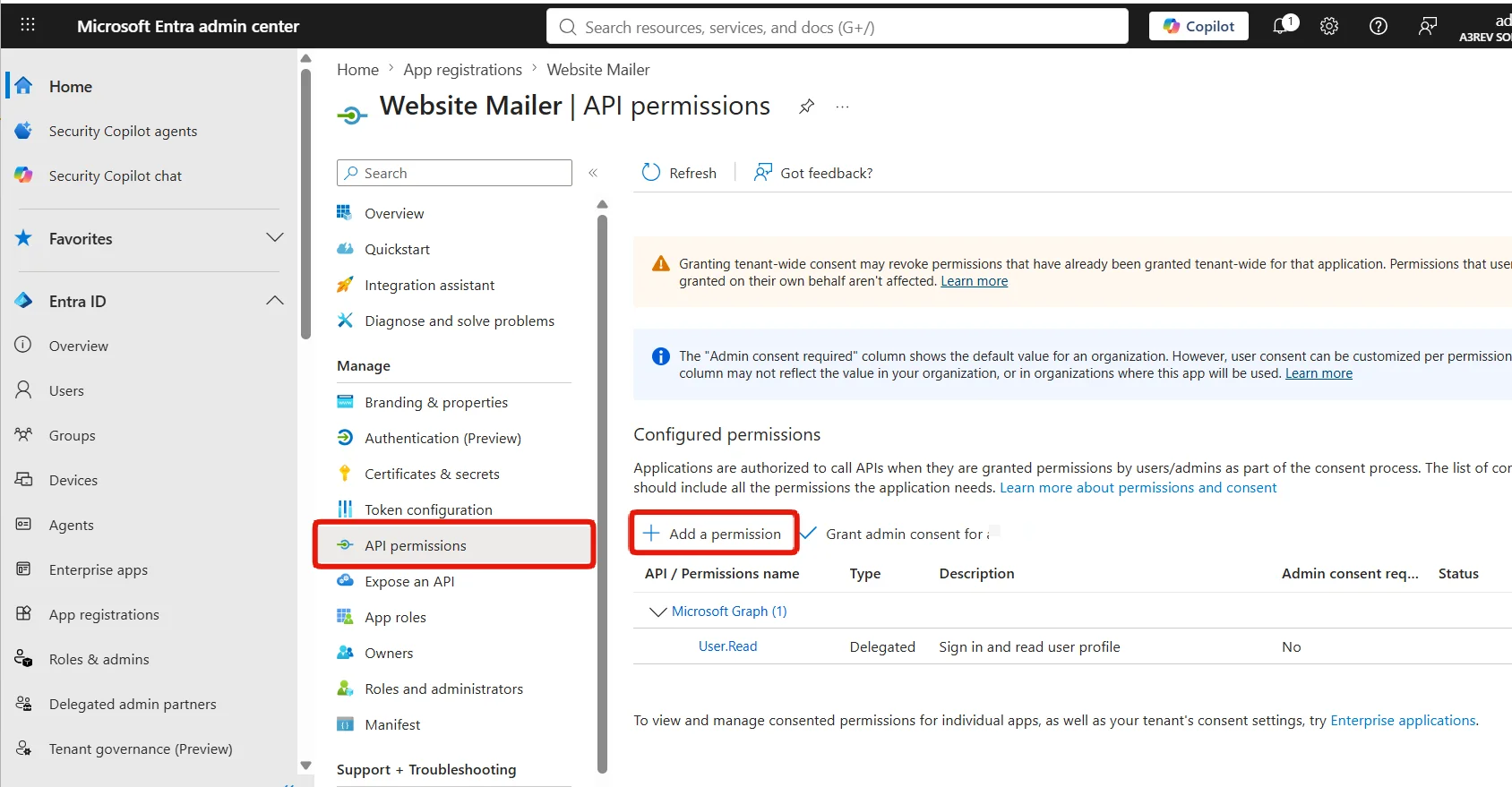 API permissions → Add a permission