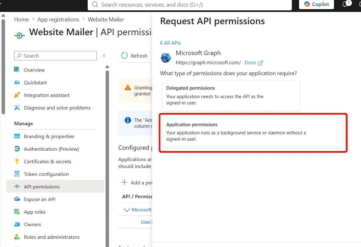 Select Application permissions